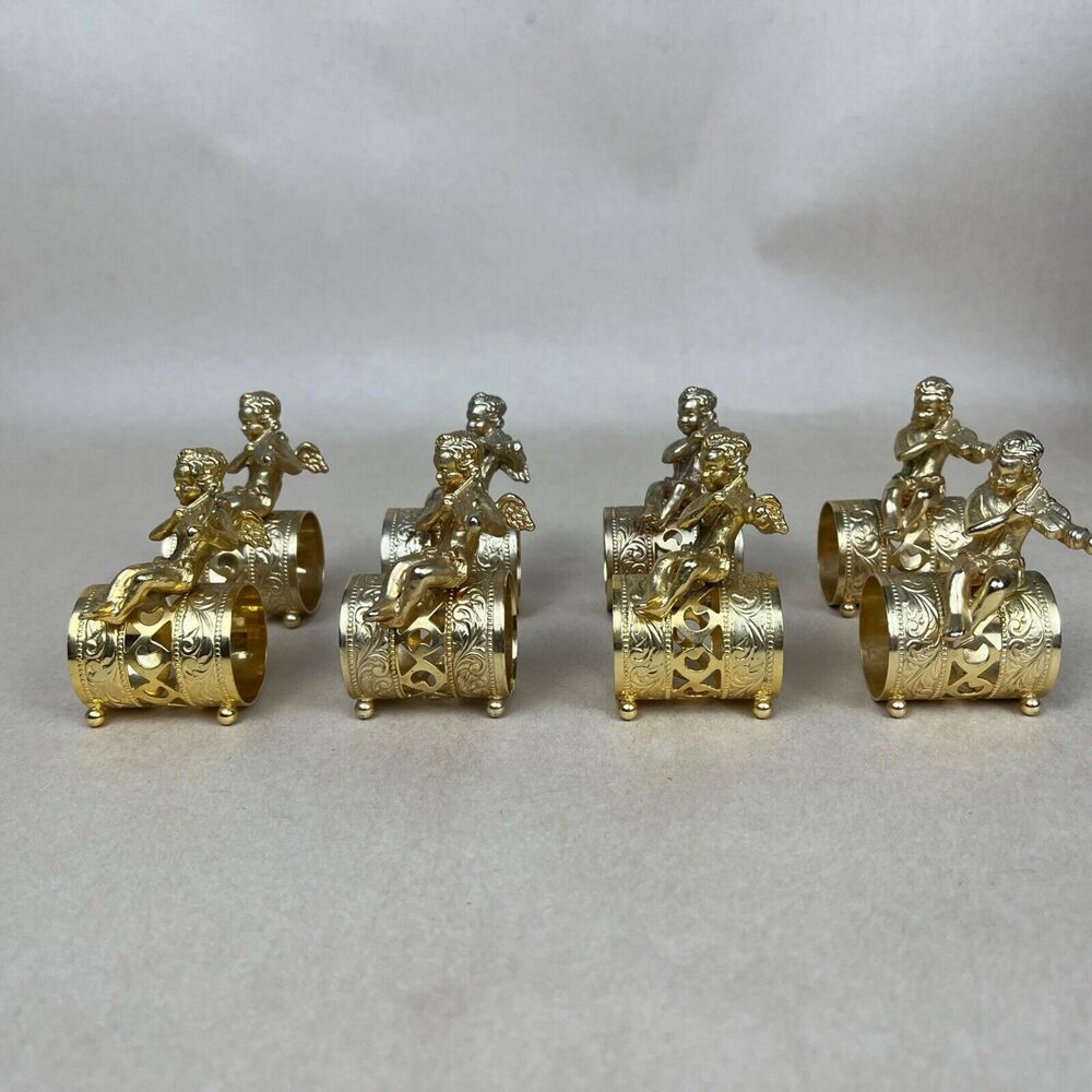 VTG 8pc Gold Tone Metal Angel Playing Violin Filigree Napkin‎ Ring Holder Signed